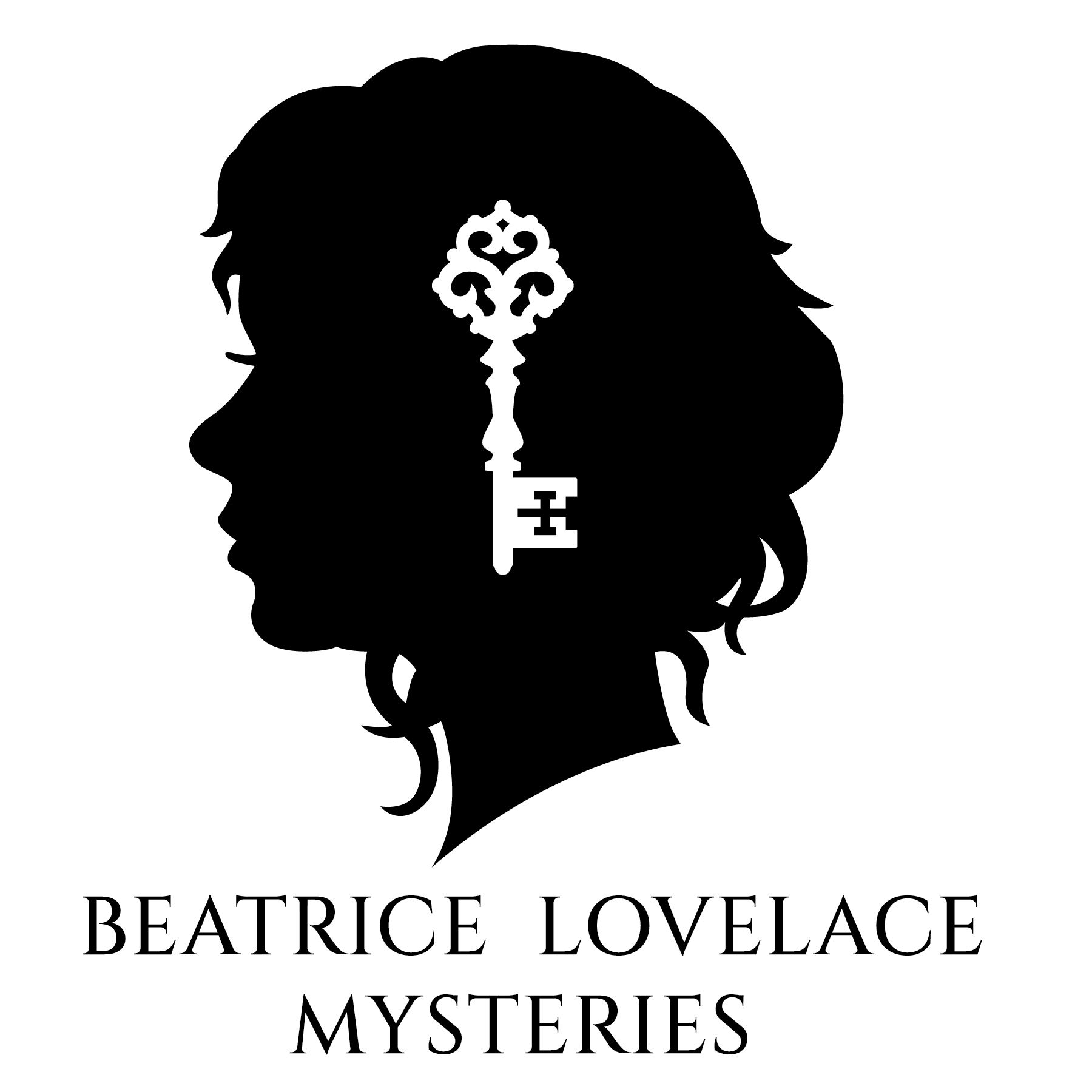 silhouette of a woman and an old fashioned key, text: Beatrice Lovelace Mysteries